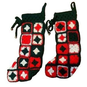 Handmade Vintage Crochet Christmas Stockings Red Green Granny Square Design Hang